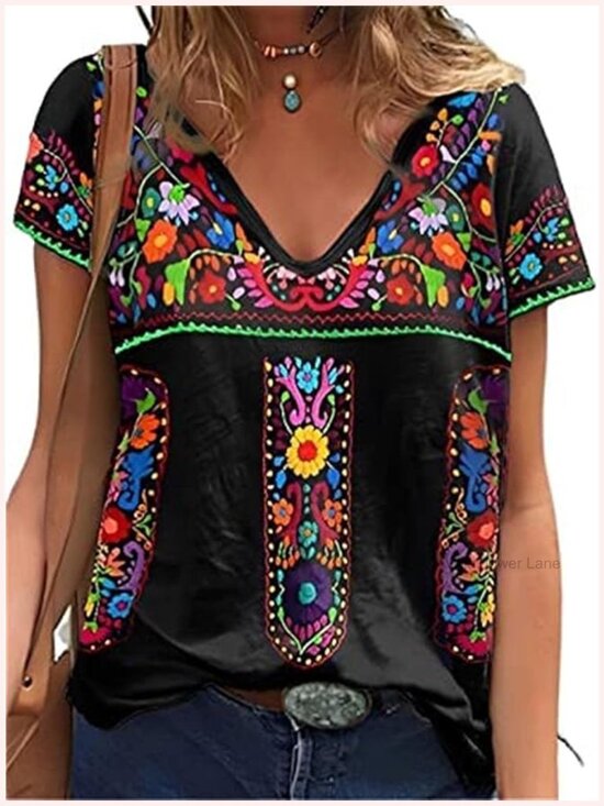 Tops - V Neck Short Sleeve Floral Embroidered Peasant Tunic Tee